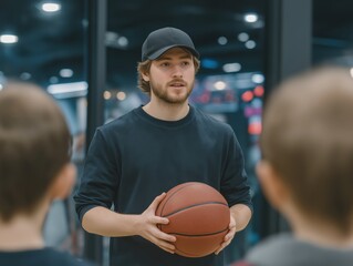 Young male basketball coach wearing a black cap is instructing children in a gym, holding a basketball while demonstrating techniques and engaging with the young players