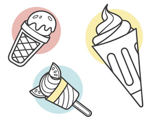 Vector art of three stylized ice cream cones and a popsicle with colorful circles in the background, isolated on white background