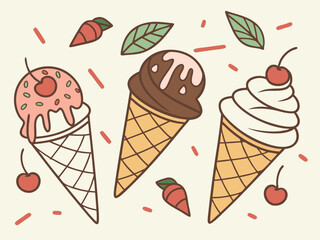 Vector art of three delicious ice cream cones with cherries and sprinkles, handdrawn illustration style, perfect for summer treats and desserts