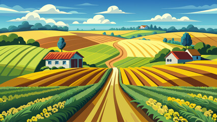 farm field lines of arable land and rapeflowerfield landscape