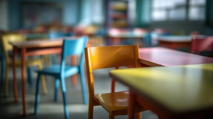 Vibrant Empty Classroom with Colorful Desks, Soft Focus Closeup, Blurred Background for Education Concepts, Back to School, Literacy Day