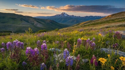 Fototapeta premium A vibrant meadow with wildflowers and majestic mountains.
