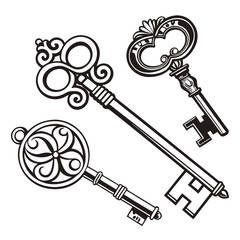 Vector art of three ornate antique skeleton keys isolated on a white background, representing security and access to secrets