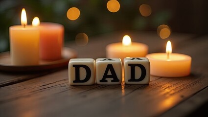Simple wooden blocks spelling out "DAD" surrounded by candles.