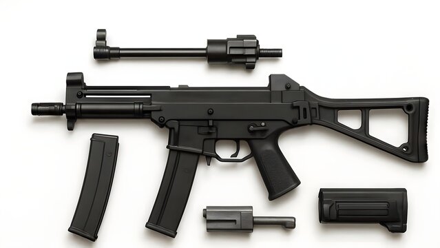 Disassembled HK UMP SMG &ndash; Technical Flat Lay on White Background