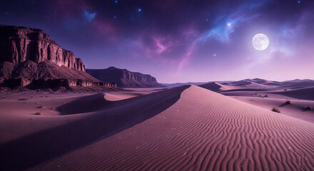 Magical desert landscape with purple dunes and a starry night sky with a full moon