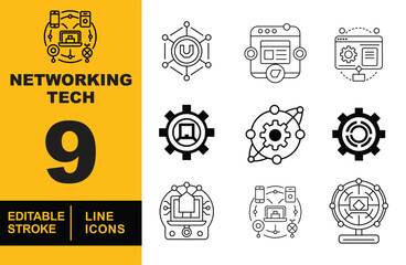 Networking Tech set of web icons in line style. A collection of linear icons representing key Networking Tech concepts, including network nodes, a laptop connected to devices. Editable stroke. 