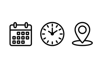 Calendar, Clock, and Location Icons &ndash; Date, Time, Place Symbols

