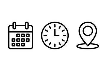 Calendar, Clock, and Location Icons &ndash; Date, Time, Place Symbols

