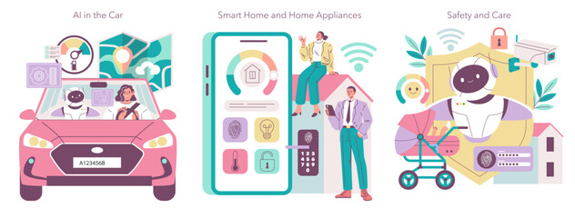 AI Integration in Car and Smart Home Vector Illustration