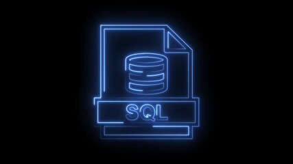 Glowing blue neon S Q L database file icon with stacked disks symbol and text on transparent black - Powered by Adobe