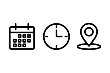 Calendar, Clock, and Location Icons – Date, Time, Place Symbols

