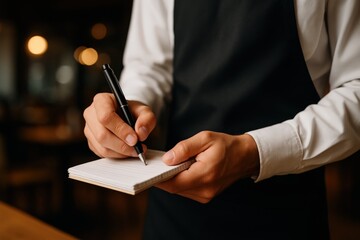 Waiter taking notes on a notepad in a restaurant at evening hours for customer orders