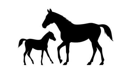 Obraz premium Silhouette of a mare and foal walking together in a simple black and white illustration style image