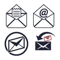 Vector art of set of four email and communication icons, including an open envelope with a letter, an envelope with an at symbol, a circular email icon, and an envelope with a reply arrow