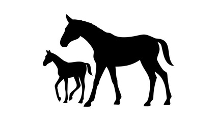 Obraz premium Silhouette of a mare and foal standing together in a field on a bright sunny day in the country side