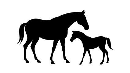 Obraz premium Silhouette of a mare and foal standing side by side in a simple black and white composition style image
