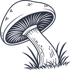 Vector art of handdrawn illustration of a mushroom with gills and stem, growing in grass, in a simple line art style