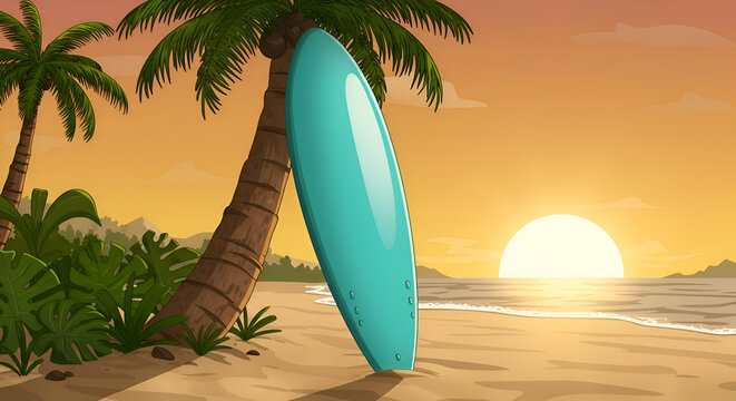 Tropical beach scene with surfboard leaning against palm tree at sunset. Surfboard resting on the beach at sunrise, ideal for travel agencies or surf shops.