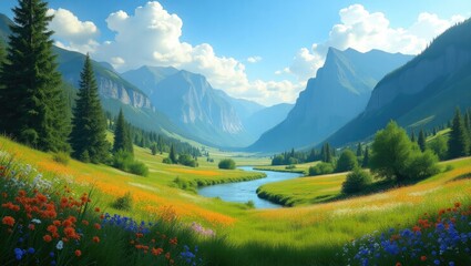 A valley meandering river flows through a meadow of wildflowers surrounded by majestic mountains.