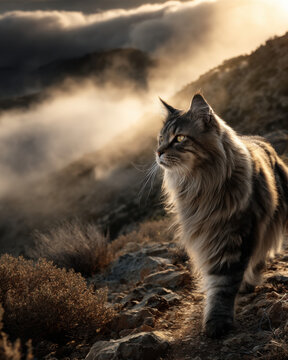 Majestic Wildcat Trekking Through Mountainous Landscape at Dawn with Mist and Dramatic Sky