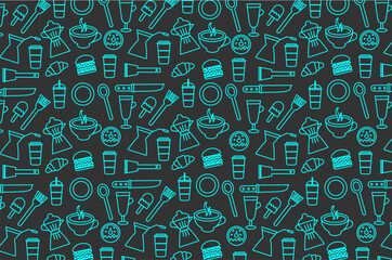 Doodle kitchen utensil seamless pattern. Doodle fast food seamless pattern. Vector fast food and kitchen utensil icons. Set of fast food and kitchen utensil icons.