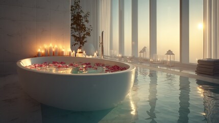 Luxurious freestanding bathtub with rose petals and tranquil ambiance in modern bathroom