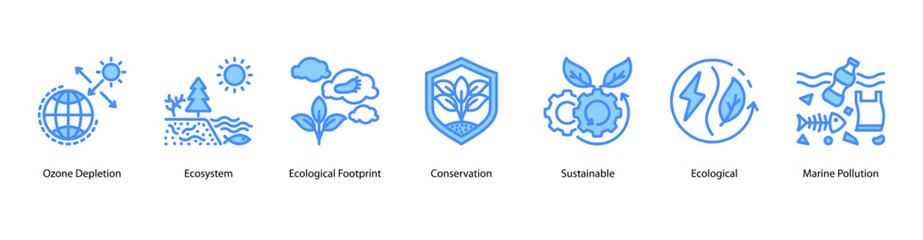 Eco Sustainability web banner icon vector illustration featuring Ozone Depletion, Ecosystem, Ecological Footprint, Conservation, Sustainable, Ecological, and Marine Pollution.