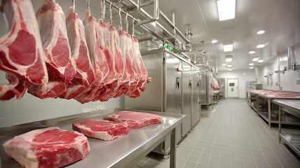 Modern meat storage room, with large hanging meat on the walls and ceiling, stainless steel worktops displaying various beef products, Raw beef hangs from suspended equipment and is ready to be cut in