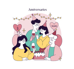 Celebration of Anniversary with Cake and Party Hats