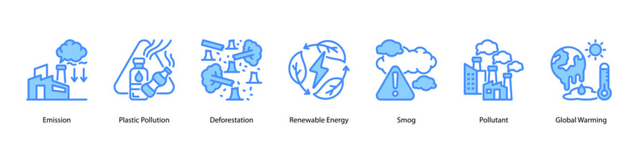 Climate Emergency web banner icon vector illustration featuring Emission, Plastic Pollution, Deforestation, Renewable Energy, Smog, Pollutant, and Global Warming.
