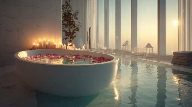 Luxurious freestanding bathtub with rose petals and tranquil ambiance in modern bathroom