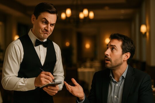 Waiter takes order from surprised customer in upscale restaurant setting