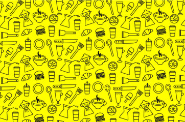 Doodle kitchen utensil seamless pattern. Doodle fast food seamless pattern. Vector fast food and kitchen utensil icons. Set of fast food and kitchen utensil icons.