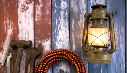 Vintage tools and lamp on painted wood
