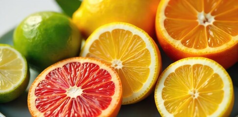 Fototapeta premium Vibrant Citrus Fruits Lemons, Oranges, and Limes Close-Up ? Healthy Lifestyle, Immunity Boost