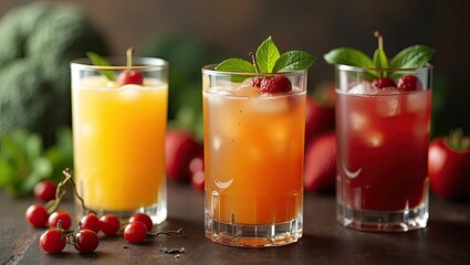 Fototapeta premium Refreshing fruit drinks in clear glasses.
