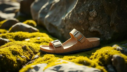 Sustainable birkenstock sandal on mossy rocks