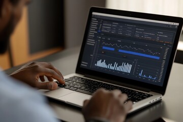 Entrepreneur analyzing financial statistics on laptop at modern workspace, close up entrepreneur works with financial statistics