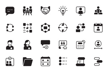 Vector icons illustrating business and communication concepts in a monochrome style