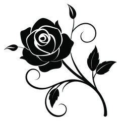 Vector art of black silhouette of a rose with swirling vines and leaves, isolated on white background © Epicart