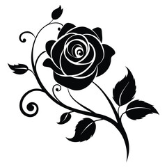 Vector art of black rose silhouette with swirling vines and leaves isolated on white background © Epicart