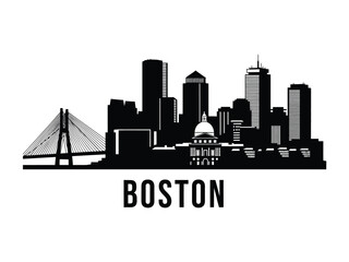 Naklejka premium Boston Skyline Silhouette: An elegant monochrome skyline of the iconic cityscape of Boston, capturing the essence of its urban architecture. This image highlights the city's architectural marvels.