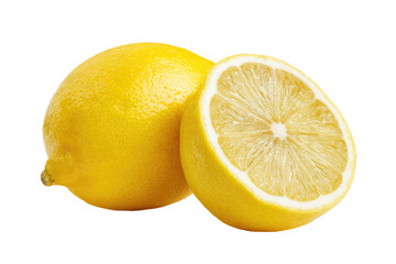 Two lemons, one whole, one halved,  bright yellow, citrus fruit, isolated