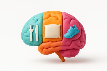 Colorful brain sculpture representing basic human needs and daily activities