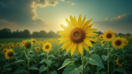 Vibrant sunflowers in a field at sunset.
