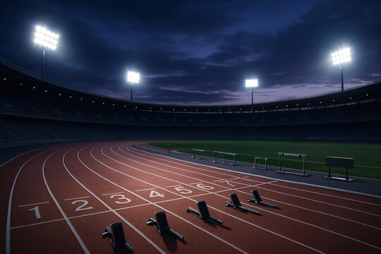 Empty athletics stadium at dusk with starting blocks and glowing floodlights. Concept of track and field preparation, competition atmosphere, summer sport event, and elite performance setting. - Powered by Adobe