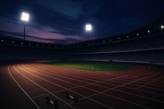 Empty athletics stadium at dusk with starting blocks and glowing floodlights. Concept of track and field preparation, competition atmosphere, summer sport event, and elite performance setting.