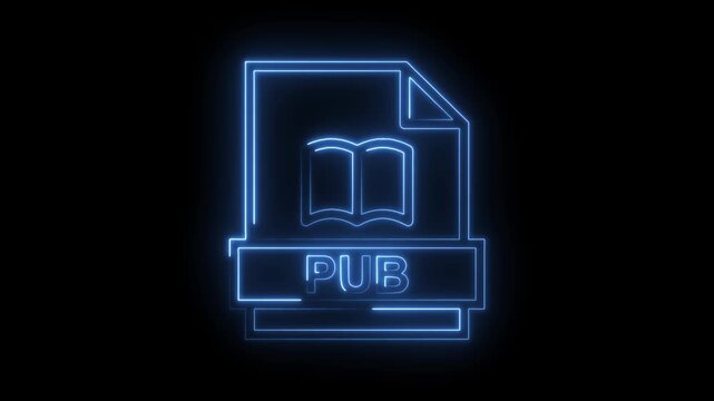 Glowing blue neon icon of an open book with the word P U B on a transparent black background representing