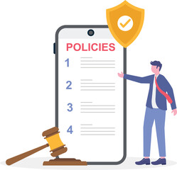 Flat illustration of man developing cybersecurity policies with security shield and gavel

